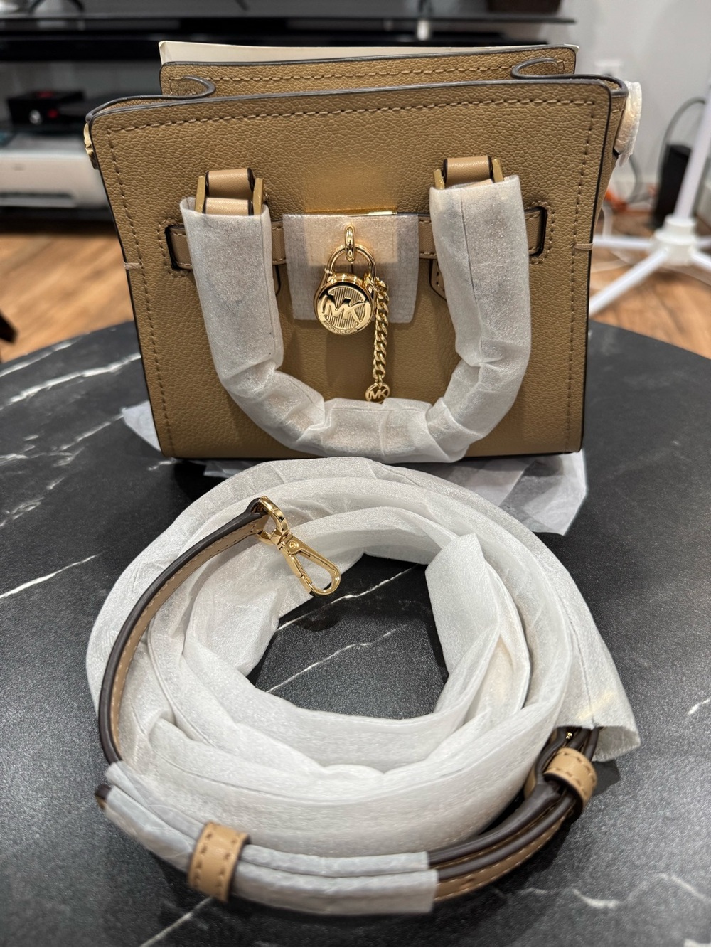 Michael Kors Tan Saffiano Mini Crossbody with Gold MK Charm